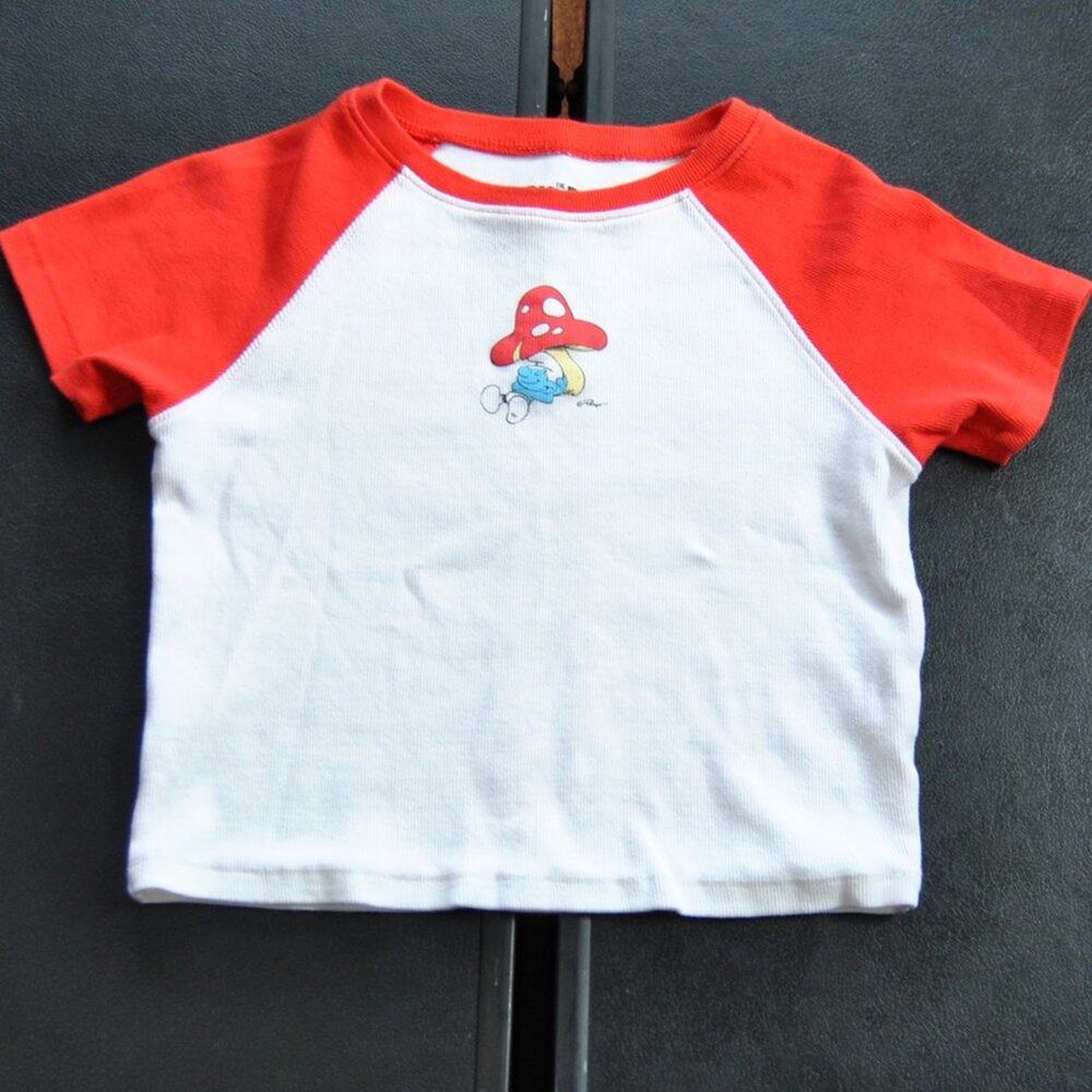The Smurfs White Crop Top with Red Short Sleeves Small